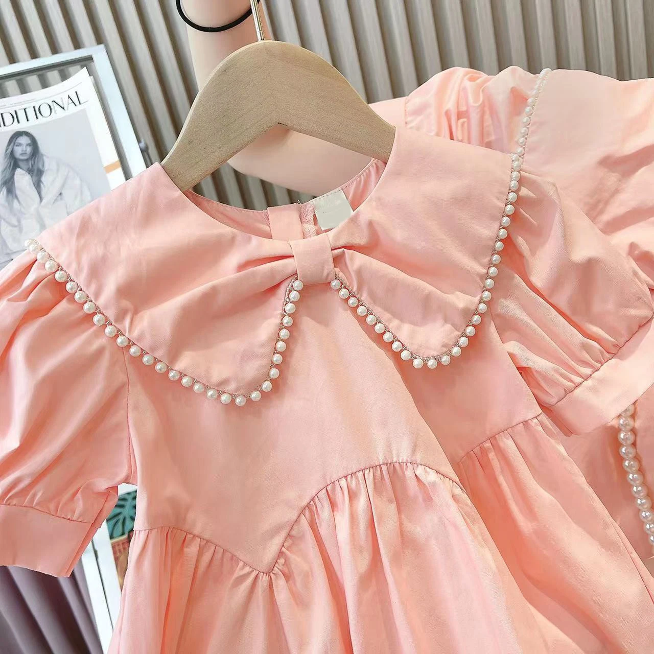 2022 Summer New  Mother Daughter Parent-Child Dress Little Girl Korean Style Pearl Solid Polo Dress Children Dresses For Girls