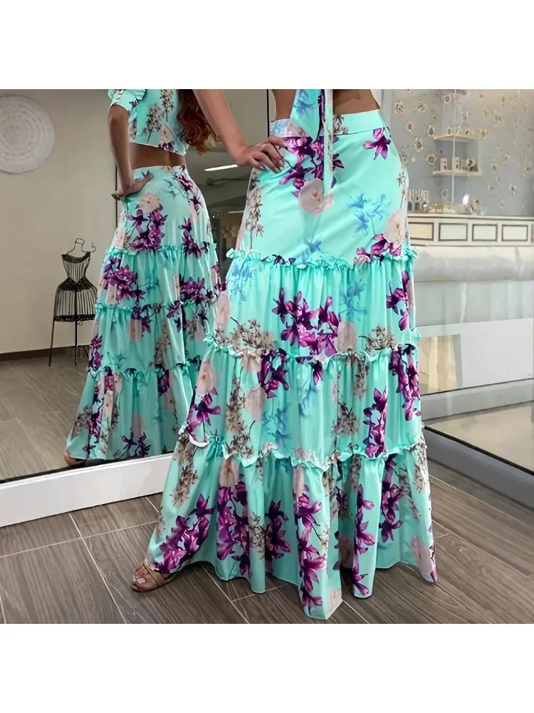 Women's floral print skirt A-shaped pendulum skirt splicing lace three-color skirt