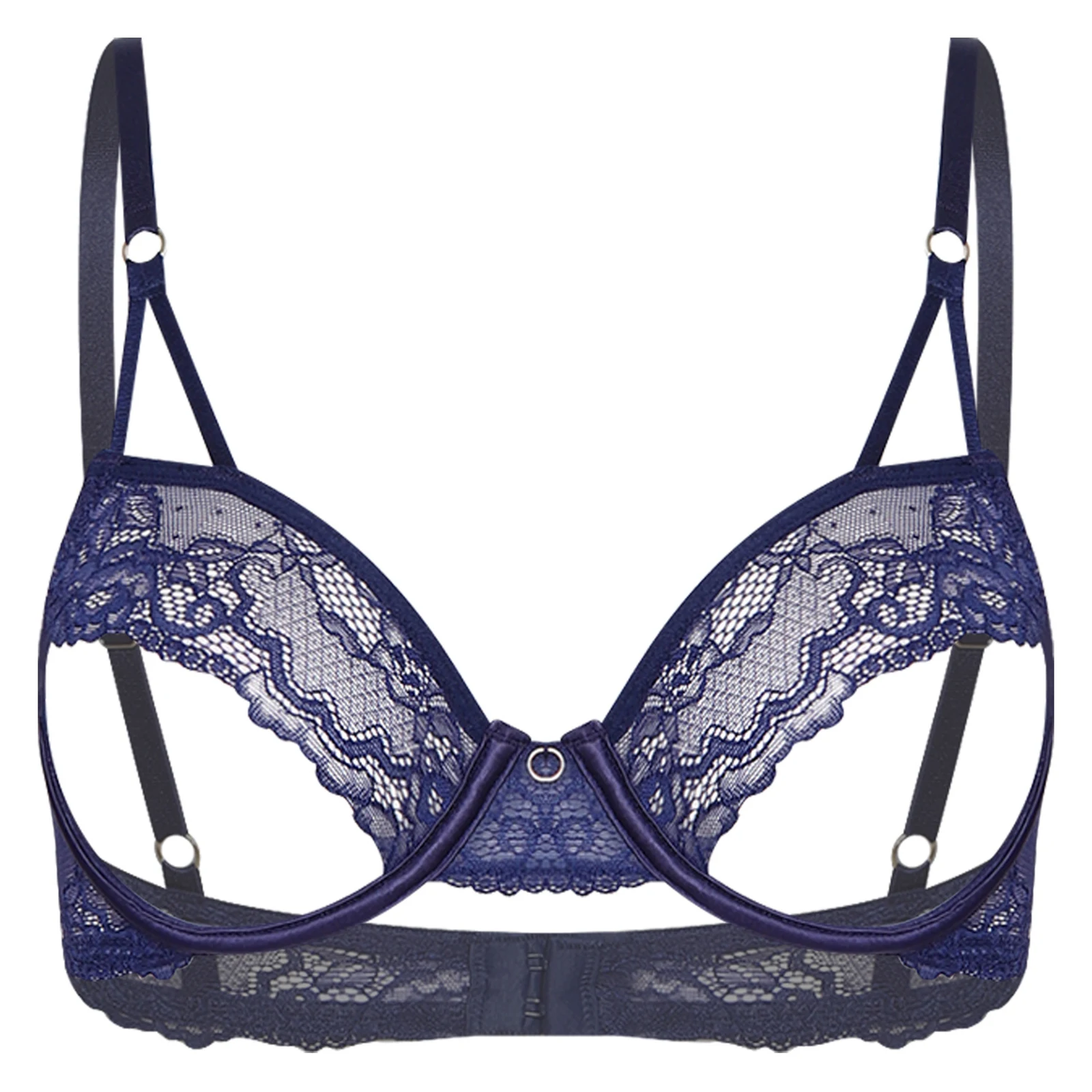 Womens Lingerie Sheer Floral Lace Bra Hollow Out Cup Push-up Underwire Spaghetti Straps Supportive Shelf Bralette Balconette
