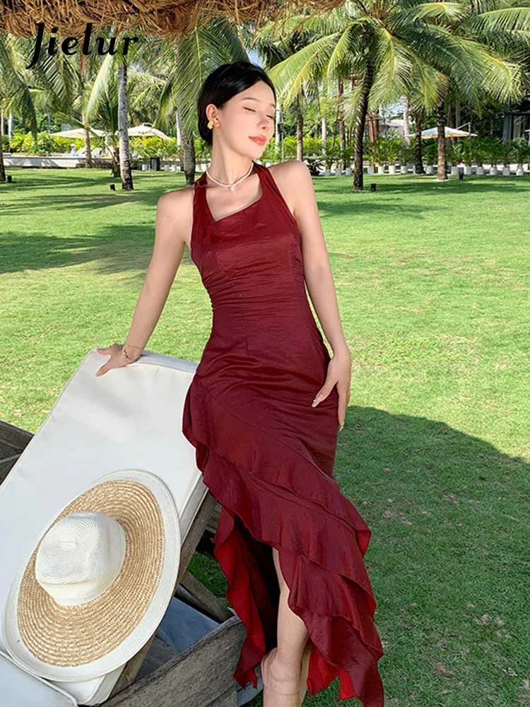 Jielur Summer New Vintage Wine Red Sleeveless Dress Sexy Backless Strap Dresses Female Attractive High Waist Beach Dress Woman