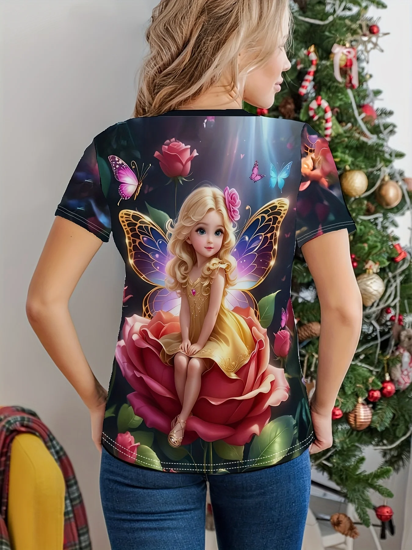 Women's Tee - Golden Fairy on Rose Graphic, Enchanted Floral Sprite Design for Casual Daily Wear