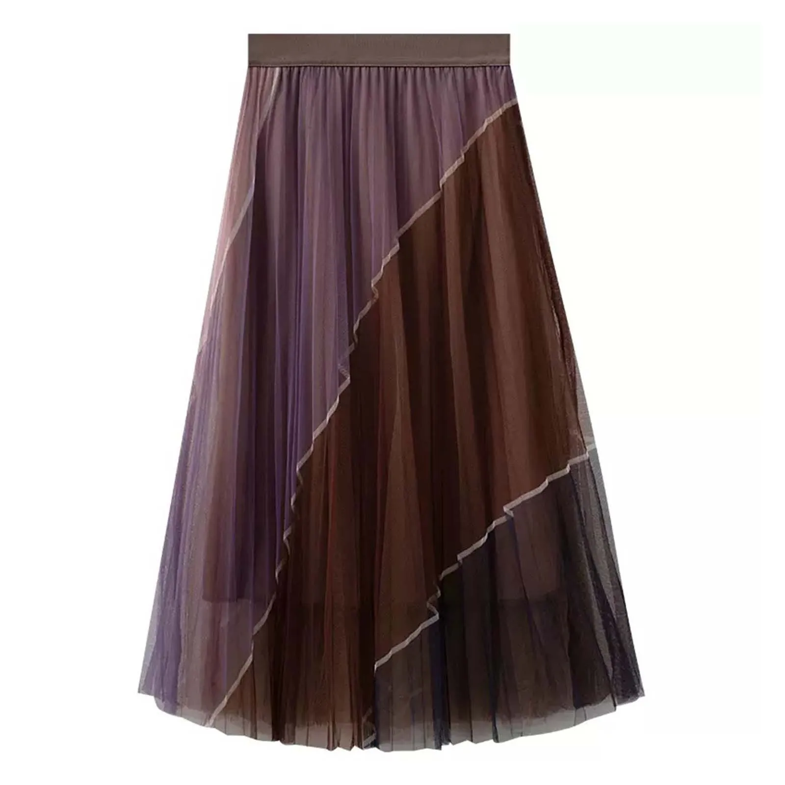 Women's Fashion Irregular Color Block Patchwork Mesh Half Length Skirt Super Fairy Skirt High Waist Pleated Large Swing Skirt