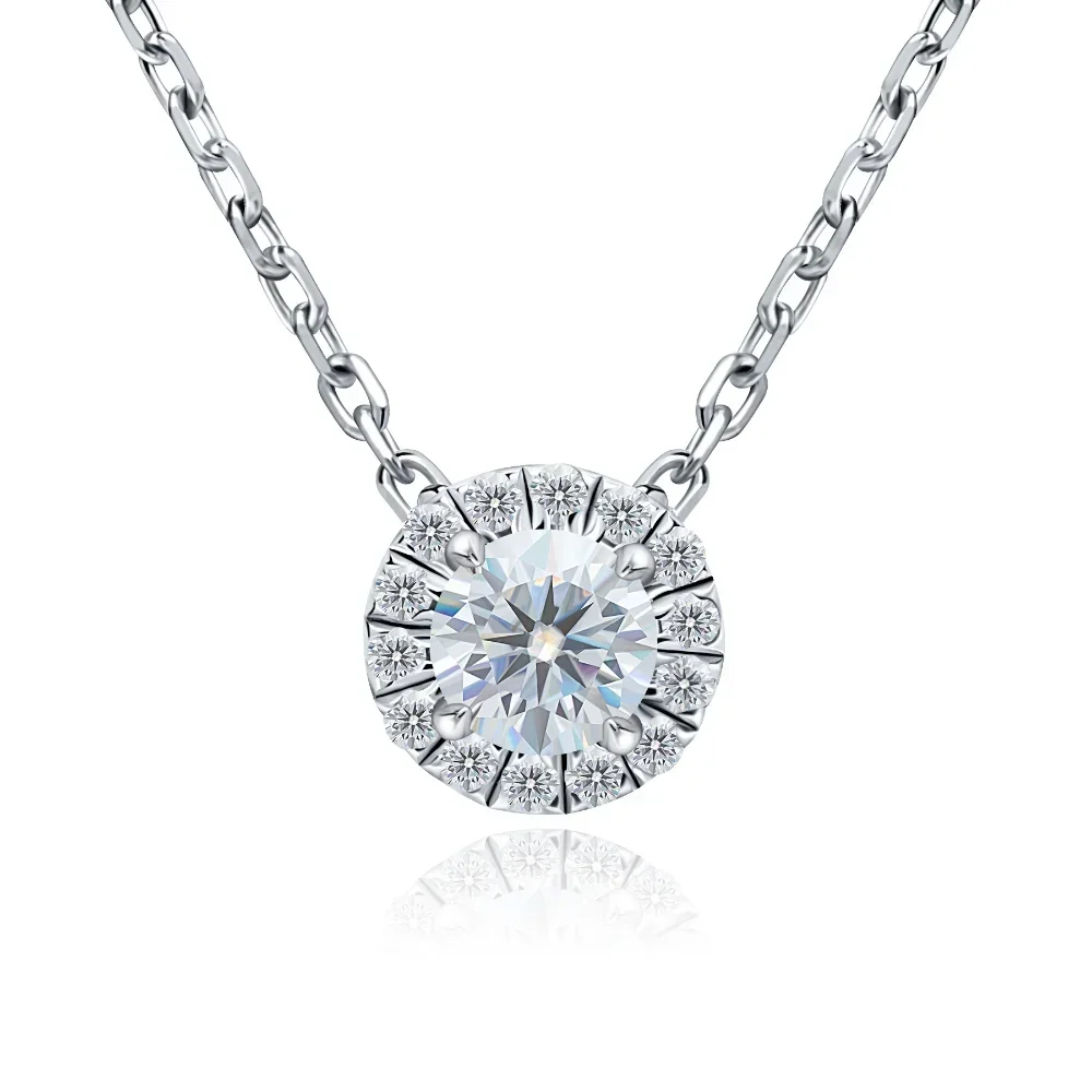 

Halo Moissanite Necklace Pendant 0.5ct/1ct D Color Round Cut 18K White Gold Plated 925 Sterling Silver Lab Diamond Chain Jewelry