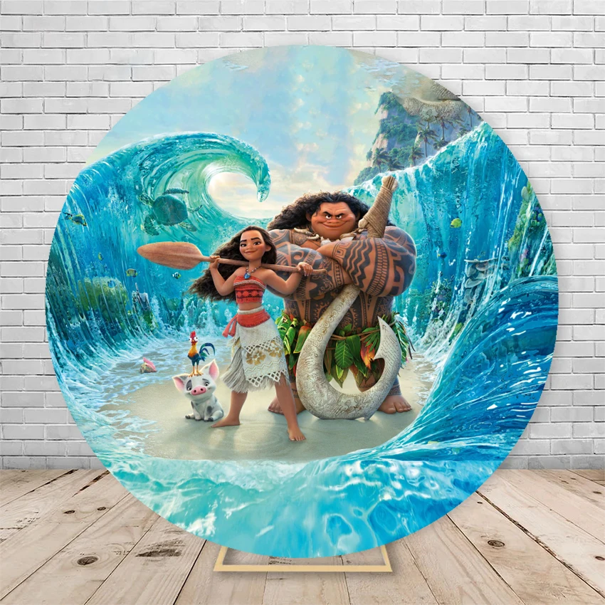 Round Backdrop Cover Moana Princess for Birthday Party Baby Shower Background Wall Vaiana Decorations Photo Booth Props