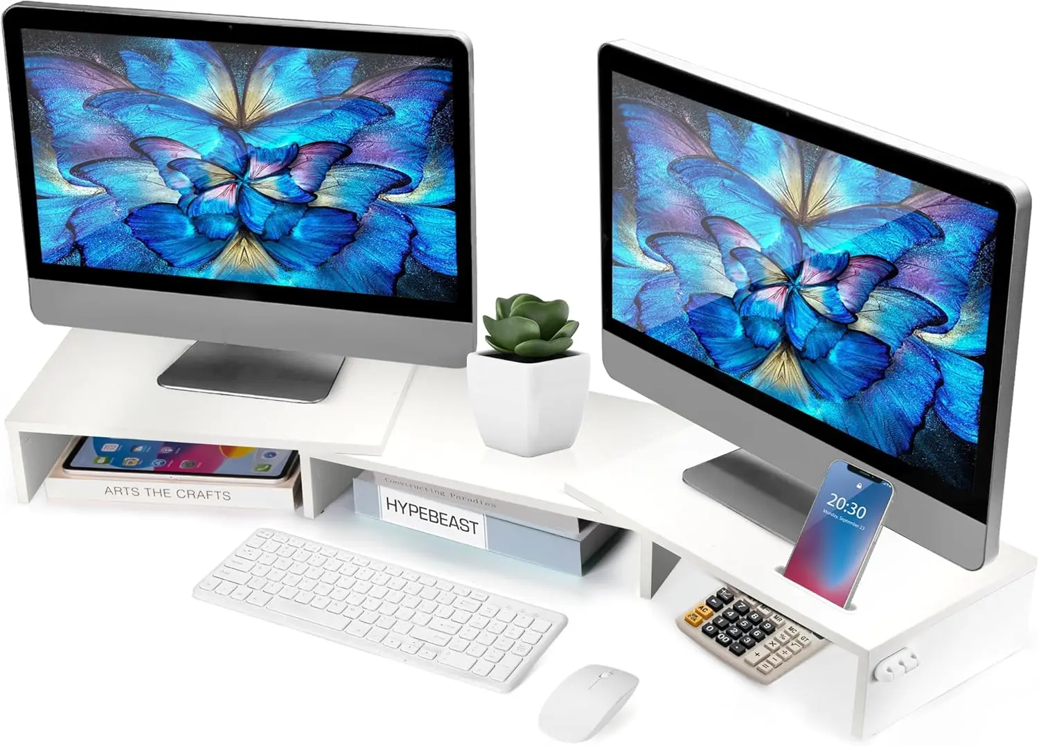 

Dual Monitor Stand Riser, Adjustable Length & Swivel, Wooden Desktop Organizer with Phone Holder, White