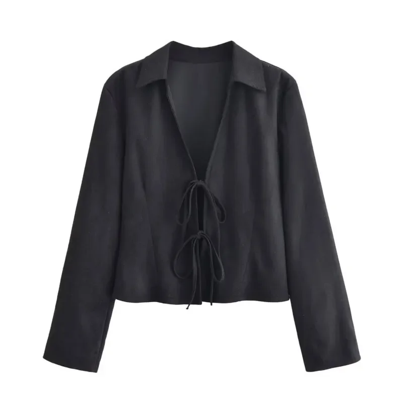 

Long Sleeve Open Cropped Shirt Fashion Simple Lady Short Blouses Women's Lace-up Bow Slim Fit Top Autumn Suede-like Collar