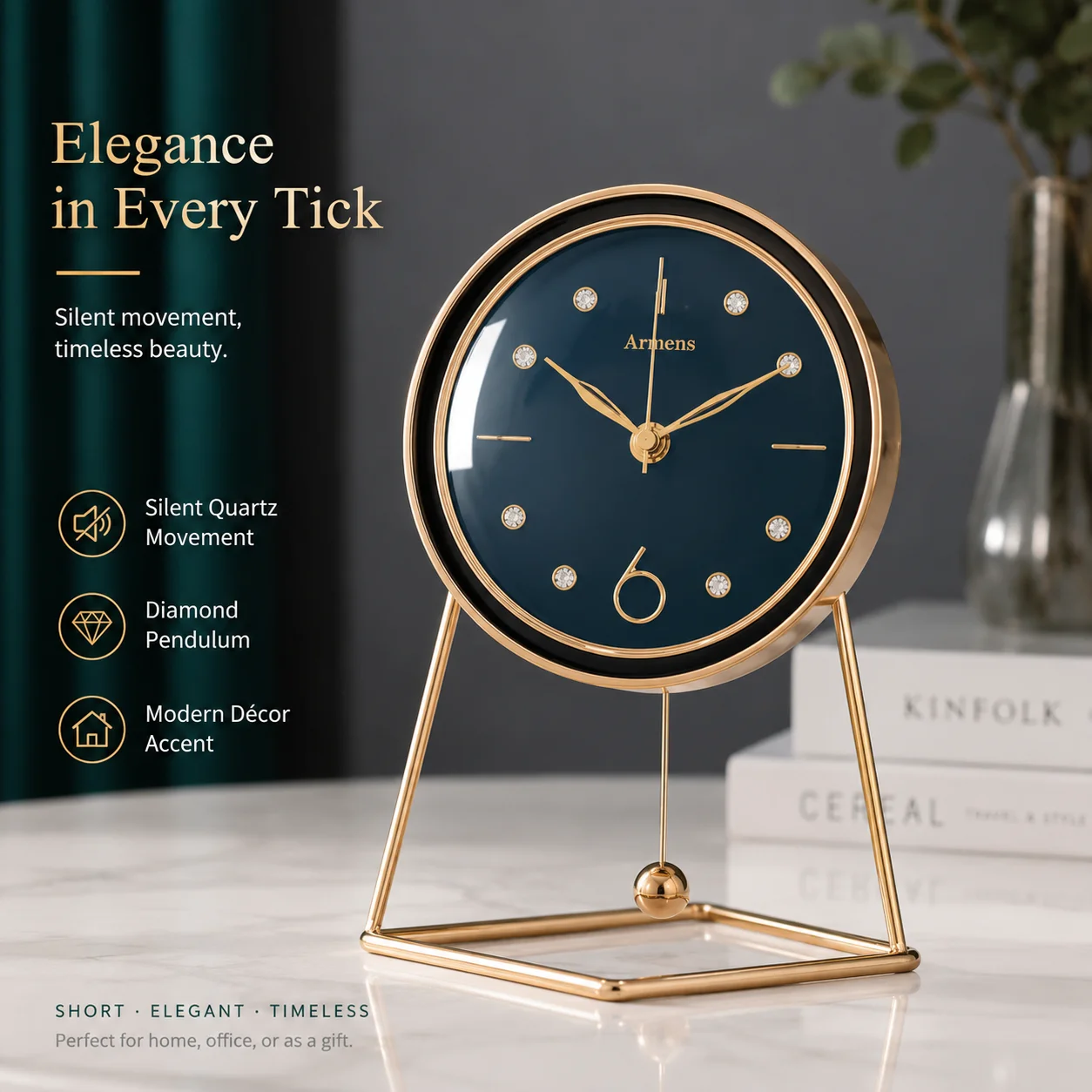 Luxury 8 Inch Metal Desk Clock Silent Quartz Table Clock with Diamond Pendulum Modern Home Office Bedroom Decor Gift
