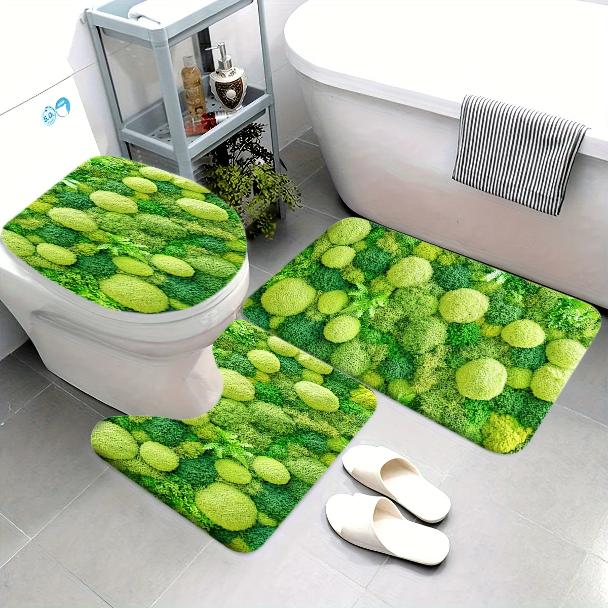 Luxury Moss Green Bath Mat Set Trio for Bathroom Tropical Rugs Waterproof Natural Home Decor Accessories Shower Mat