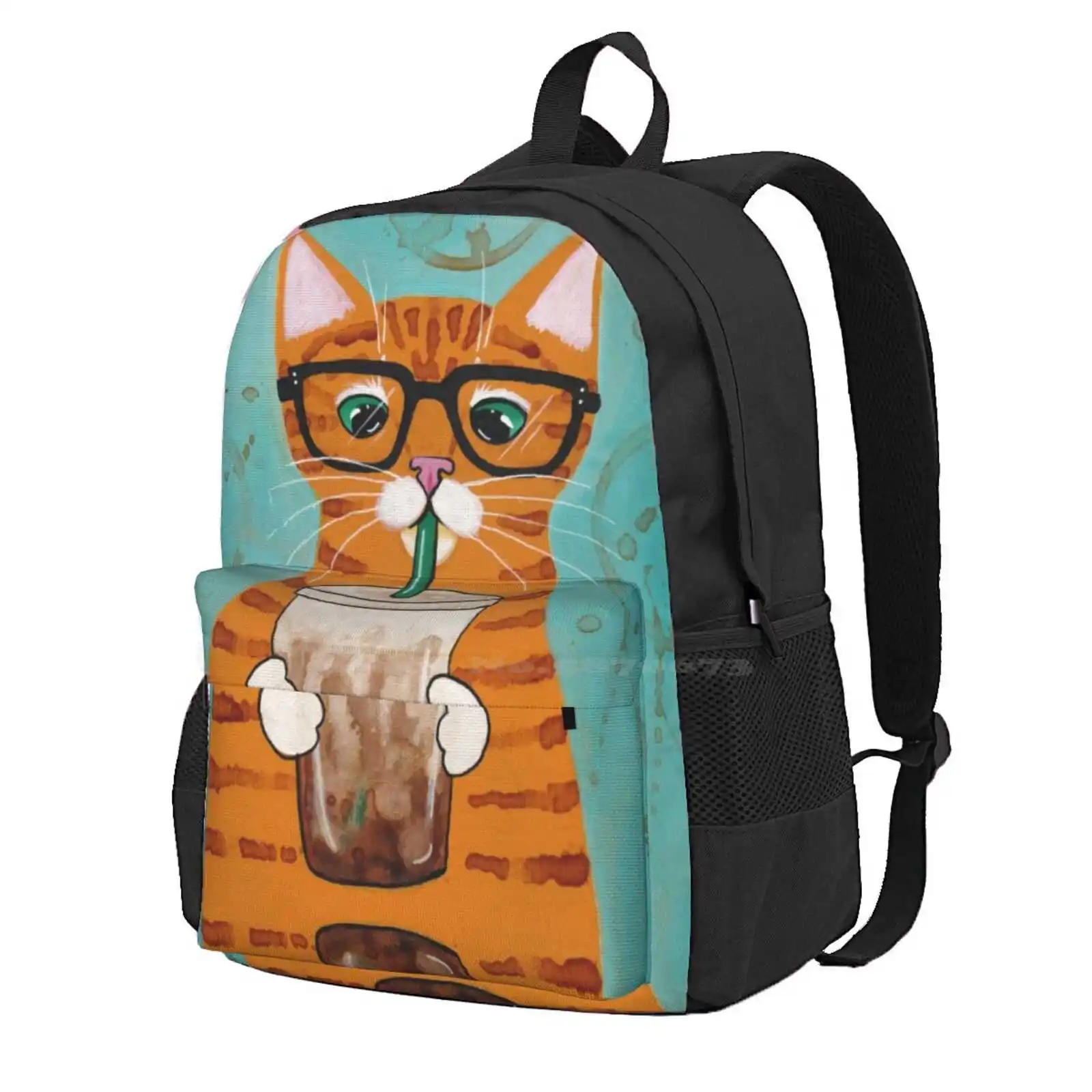 Iced Coffee Cat Hot Sale Schoolbag Backpack Fashion Bags Folk Art Whimsical Iced Coffee Coffee Cat Cat In Glasses Kilkennycat