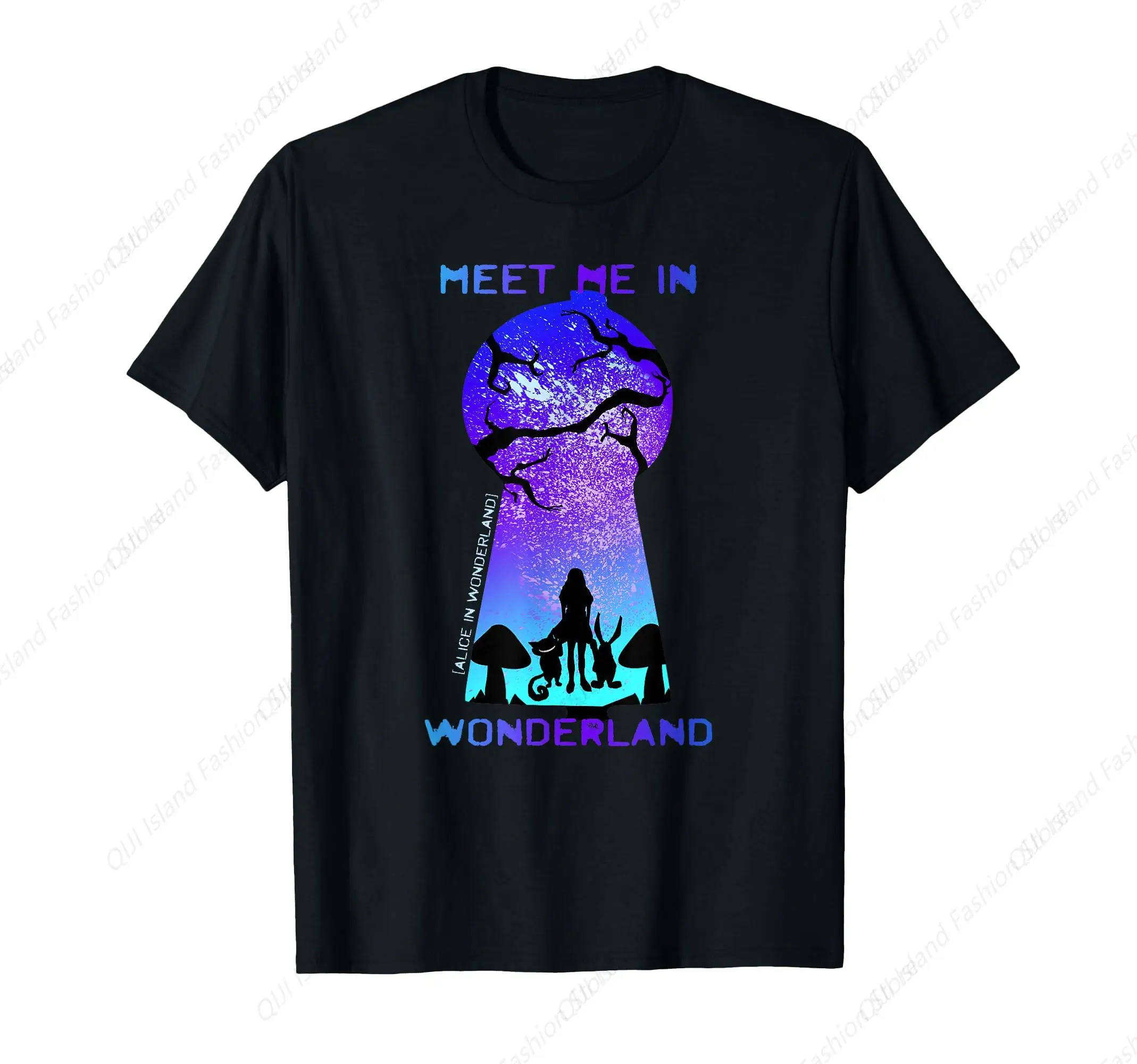 

Meet Me In Wonderland Alice Cheshire Grinning Cat Rabbit Men Women T-Shirt