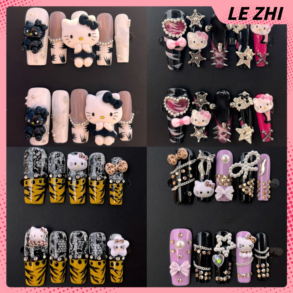 

Spicy Girl 3D Sanrio Hello Kitty Long Square Stiletto Handmade Press On Nails Bow Diamond Chain Flowers French Stripes Fake Nail