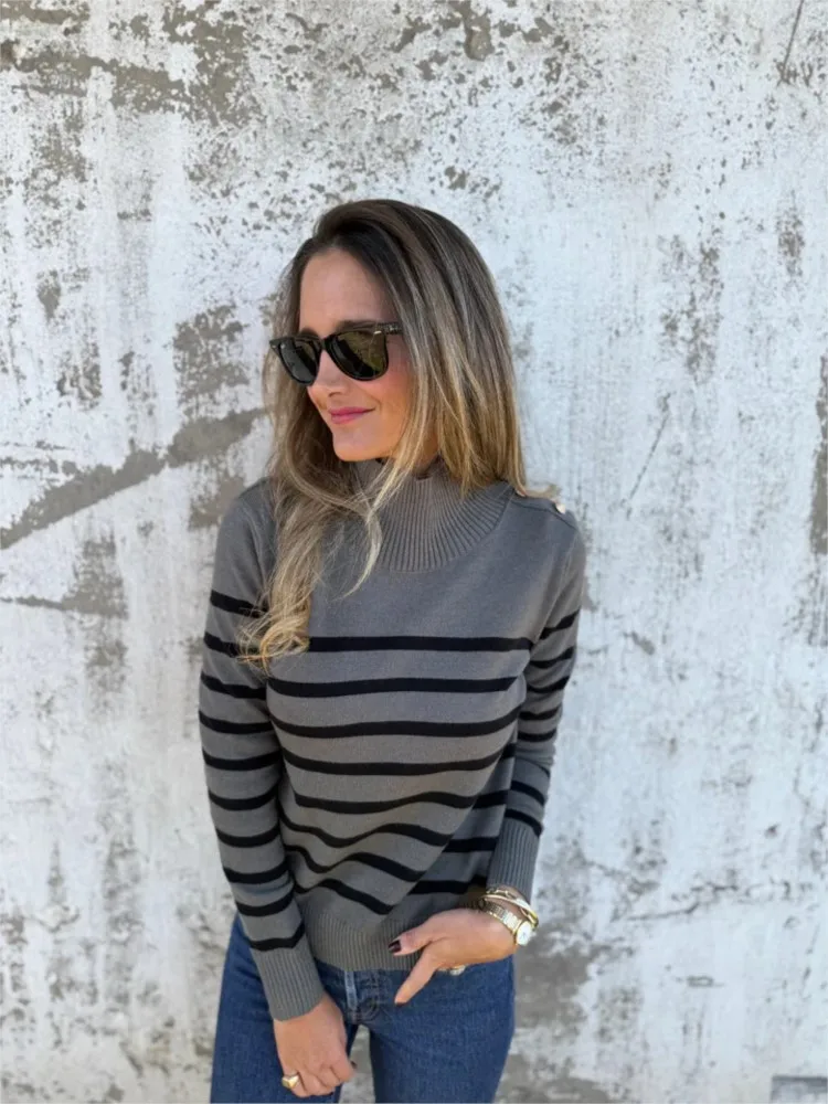 Autumn Winter New Knitted Striped Loose Sweater Women's High Collar Overhead Shoulder Button Sweater Female Fashion Pullover