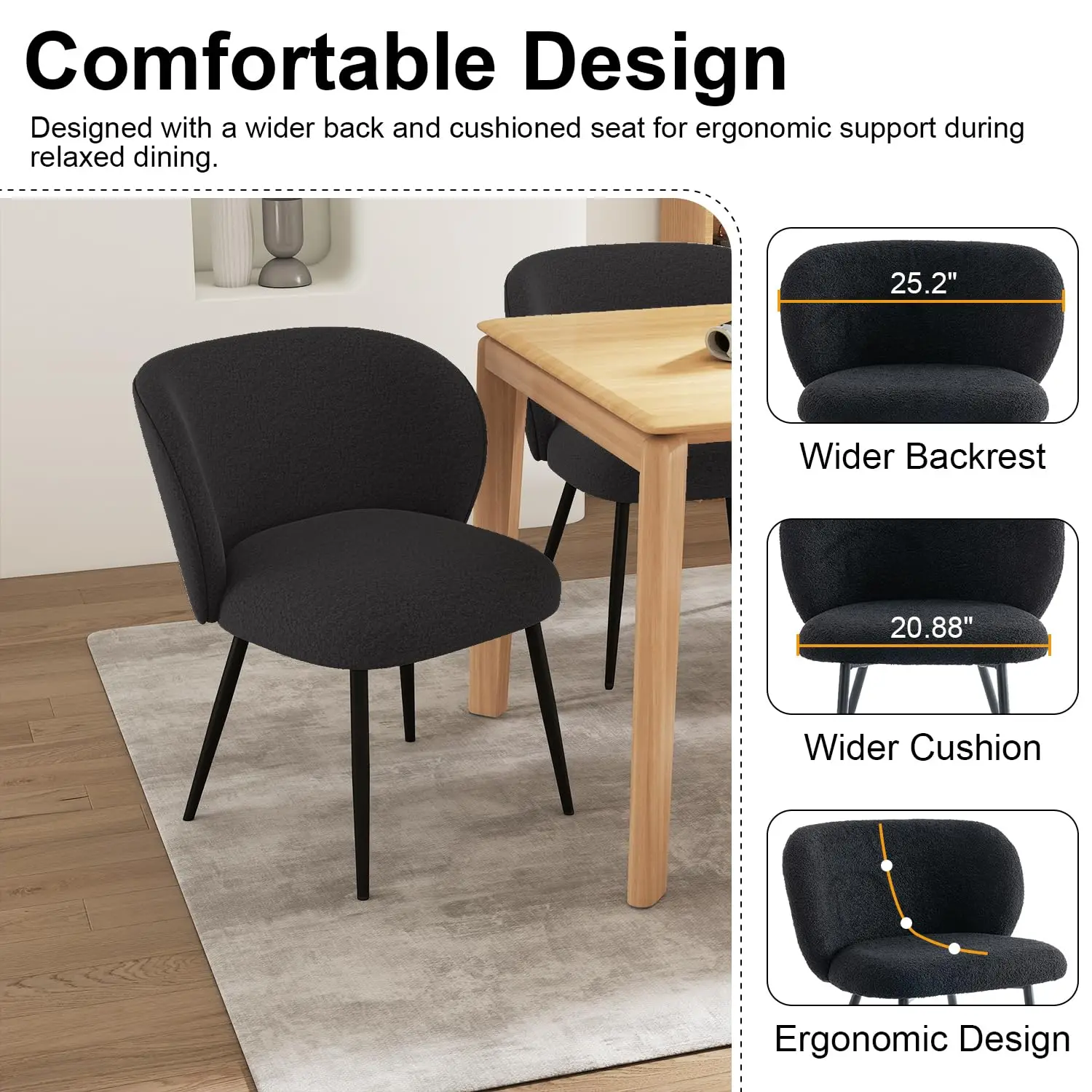 Upholstered Fabric Dining Chair Set 4, Farmhouse Kitchen & Vanity Seat Metal Legs Home Living Room Black, Customized