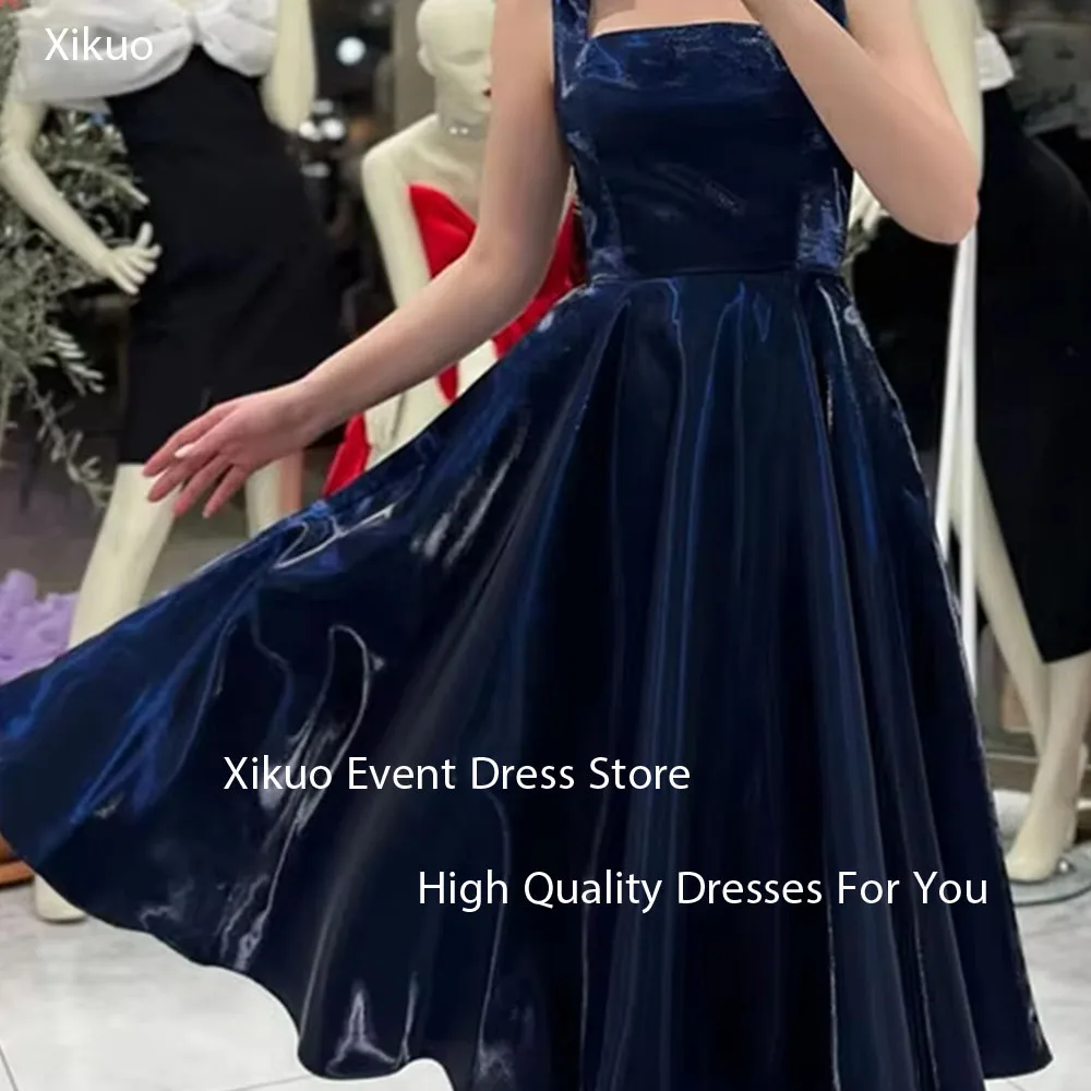 فستان سهرة أنيق باللون الأزرق الداكن من Xikuo بفتحة رقبة مربعة من Vestidos Largos بفيونكة لامعة بدون أكمام من Vestidos De Fiesta Mujer مخصص