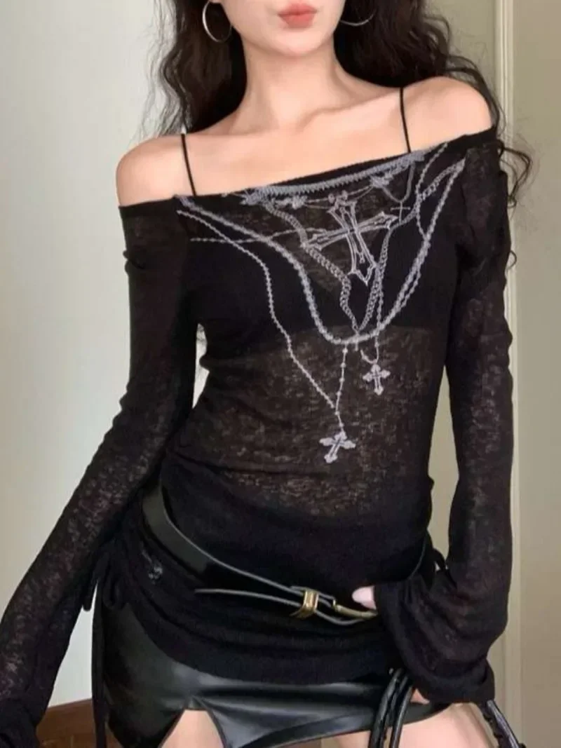 Off Shoulder Tops Women Black Long Sleeve Tee Fashion Tattoo Print Thin Knitwear Korean Style Gothic Shirt Female Grunge Clothes