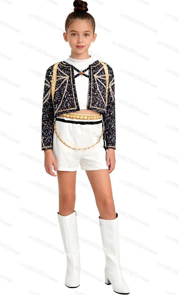 أزياء تنكرية للأطفال مصنوعة من نسيج الذهب الأسود K-Pop شيطان الصيادين رومي كرنفال حفلة بنات ملابس مغني البوب #3