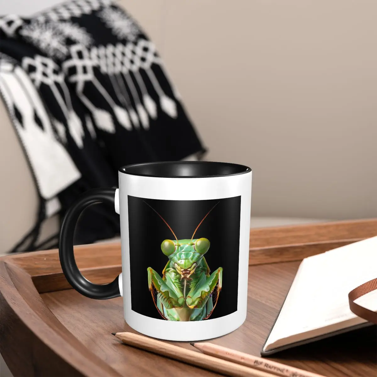 Green Praying Mantis, Eerie Insect Art Mug Funny Ceramic Coffee Cups Tea Mugs Milk Cup Drinkware Gifts for Friends