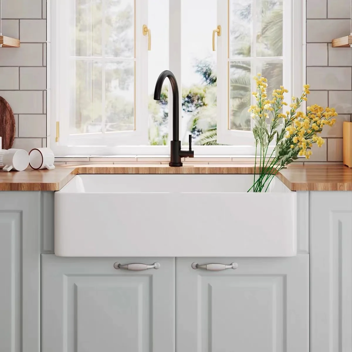 

American kitchen front semi-embedded ceramic sink vegetable basin large ultra-deep rectangular pool under the counter