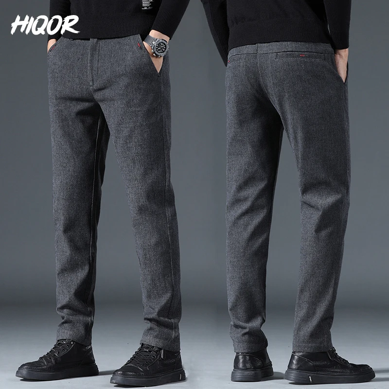 

HIQOR Autumn Male Casual Pants Winter Thick Men's Business Straight Trousers Loose Fashion Long Pants Navy Blue Mens Clothing