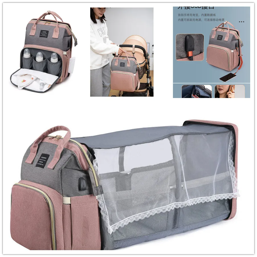 

Folding bed with mosquito net mommy bag multi-function can hang dry and wet separation large capacity Backpack mother child bag