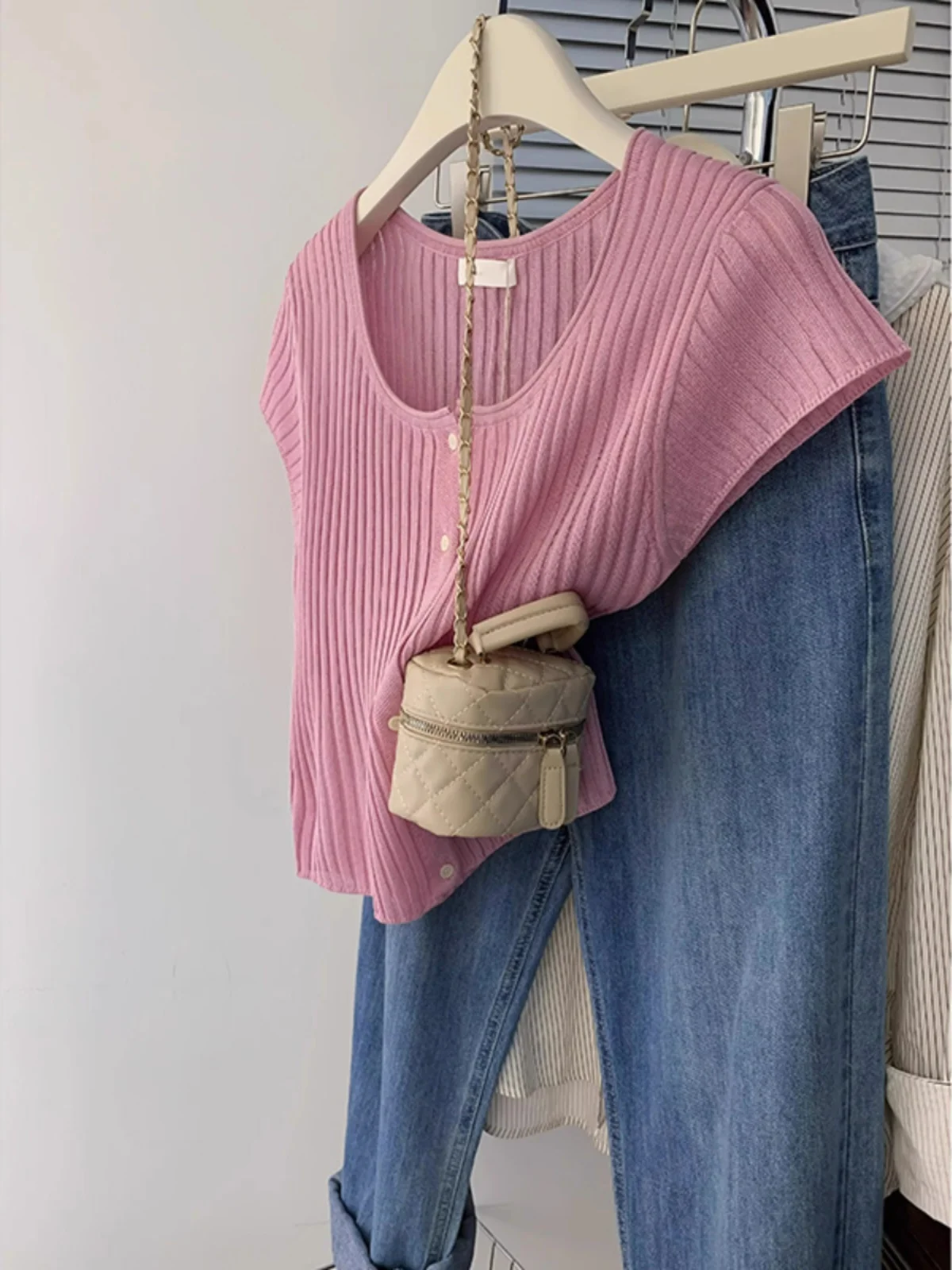 

Extra Large 300 Pounds Pink Square Collar Short Sleeve Women's Summer Ice Silk Knitted Top Thin Sweet Style Korean Version