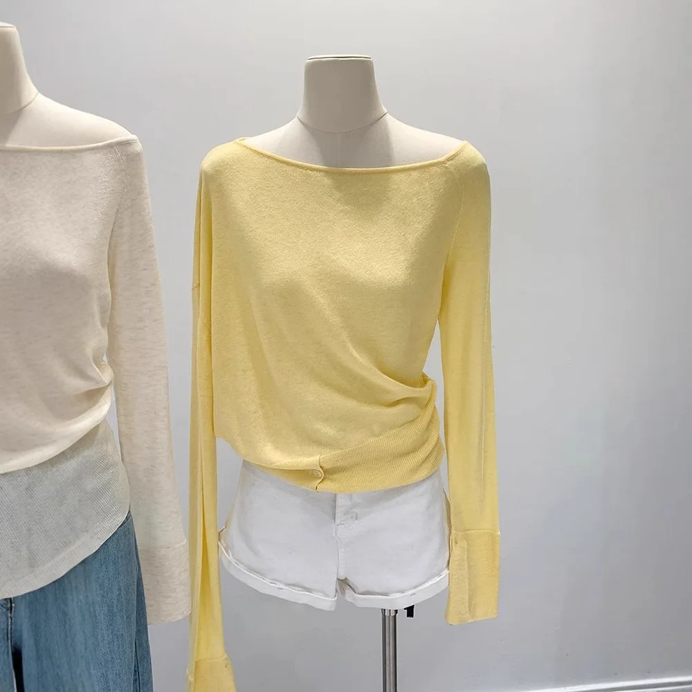 

Korean Lazy Gentle Style Outfit Off-Shoulder One-Shoulder Loose Knitted Sweater For Women Autumn Button Split Top