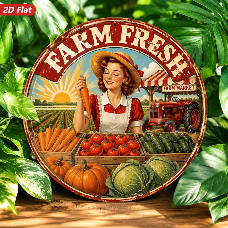 Smiley Farm 2D Round Metal Sign Carrot Tomato Red Tractor Barn Weatherproof Indoor Outdoor Home Garden Wall Decor