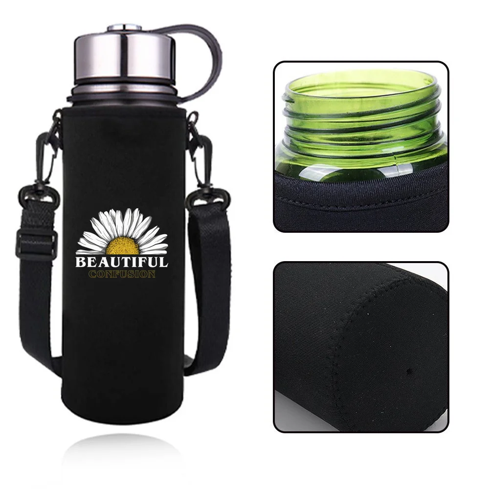 550-1500ML Insulated Water Bottle Sleeve Adjustable Strap Daisy Print Portable Outdoor Water Bottle Carrier for Hiking,Travel