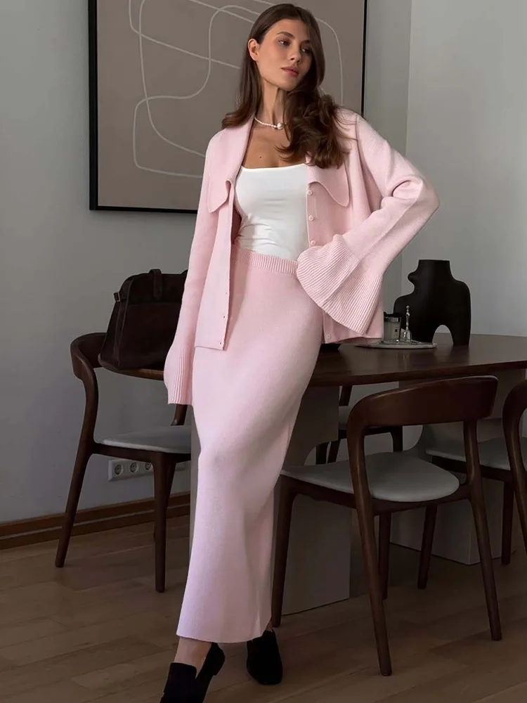 

Trendix Elegant Knit Skirt Two Piece Sets Women's Autumn Long Sleeve Lapel Cardigan High Waist Maxi Dress Sets Winter Outfits