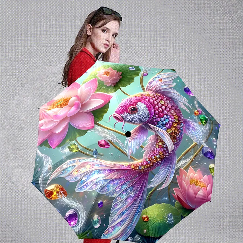 Colorful Fantasy Koi Fish with Lotus Flowers Design portable waterproof sun rain umbrella for outdoor travel beach