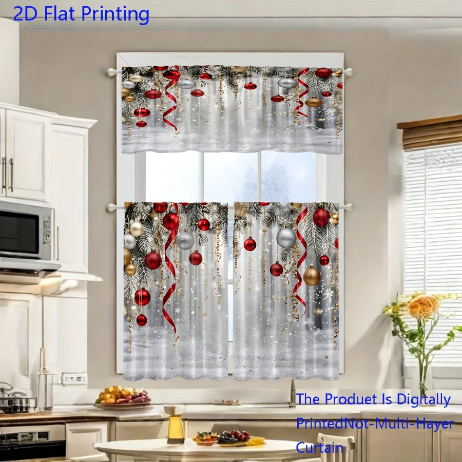 Christmas Ball Snowy Pine Branch Kitchen Curtain Set, Winter Holiday Decor Rod Pocket Window Curtains for Kitchen