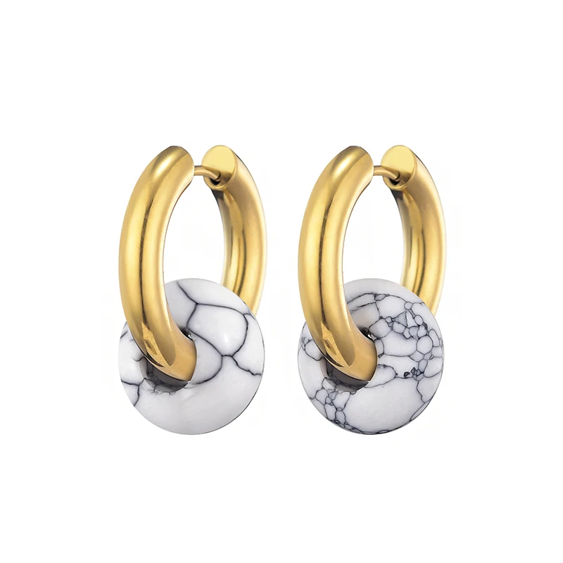Women's Natural Stone Round Bead Hoop Earrings, Turquoise
