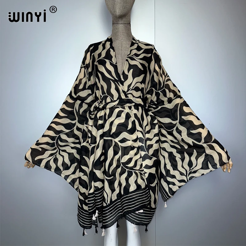 WINYI Afrika Mode Kimono Strand Outfits Frauen Sommer Strand Cover Up Strickjacke Stich Selbst Gürtel Urlaub Langarm Print Mantel