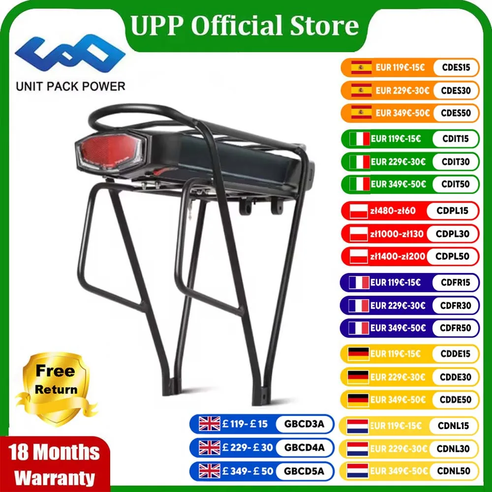 Batteria Ebike per portapacchi posteriore 36V 13Ah 15Ah 20Ah 48V EU stock Li-on 18650 21700 Confezione per kit motore bici elettrica 350W 500W 750W 1000W