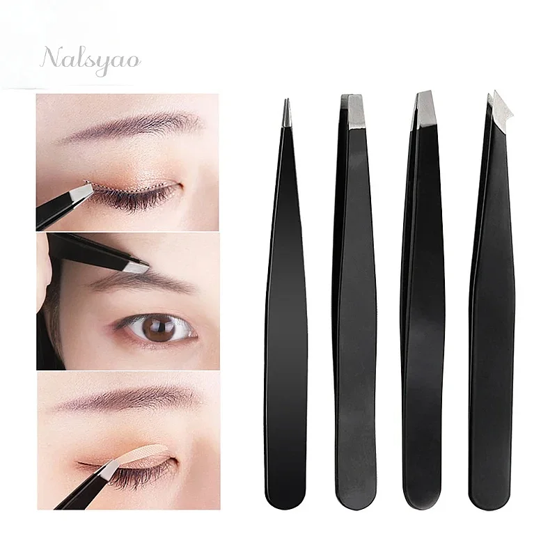 CNKESS Stainless Steel Hair Removal Tweezers Slanted Tip Black Point Face Eyebrow Makeup Beauty