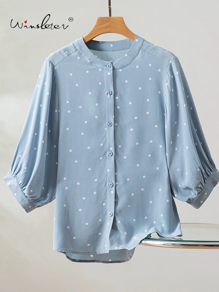 

Winsleter-100%Real Silk Elegant Shirt, Women Stand 3/4 Sleeve Dot Print, Versatile French Loose Blouse, 2025 Autumn T58212CC