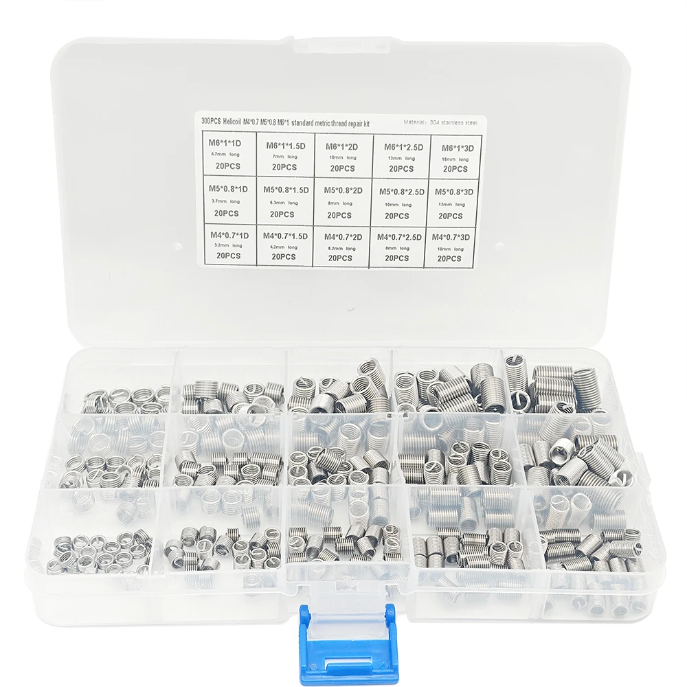 300pcs Wire Screw Threaded Insert Stainless Steel Threaded Bushing Sleeve Helicoil Thread Repairing Tool M3x0.5/M4x0.7/M5x0.8