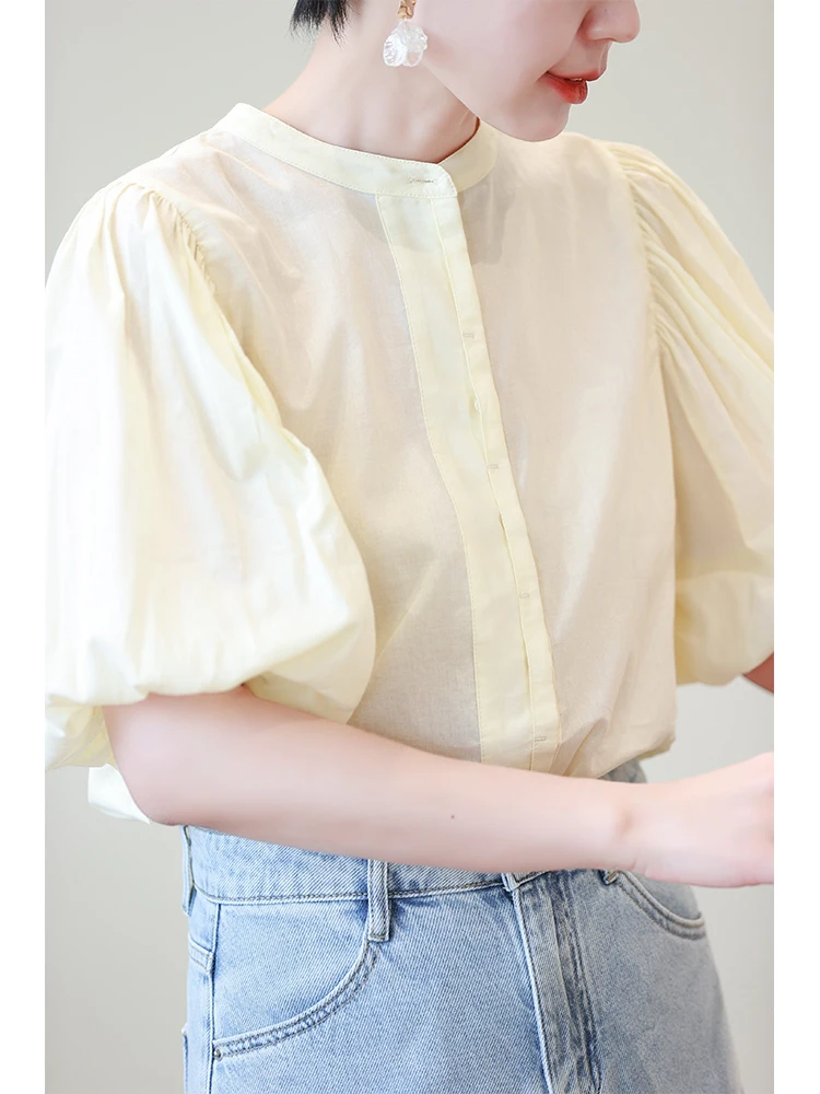 

Lightweight Cotton Bubble Sve round Ne irt Women's Soft Yellow French Sle Loose Fit Breathable Summer New irt