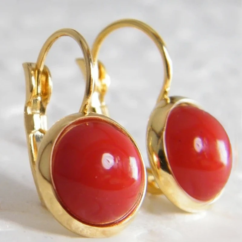 Huitan Leuchtende Runde Rote Stein-Ohrhänger für Damen, Goldfarben, Elegante Tropfen-Ohrringe, Party Boho-Schmuck, Ausgefallenes Geschenk