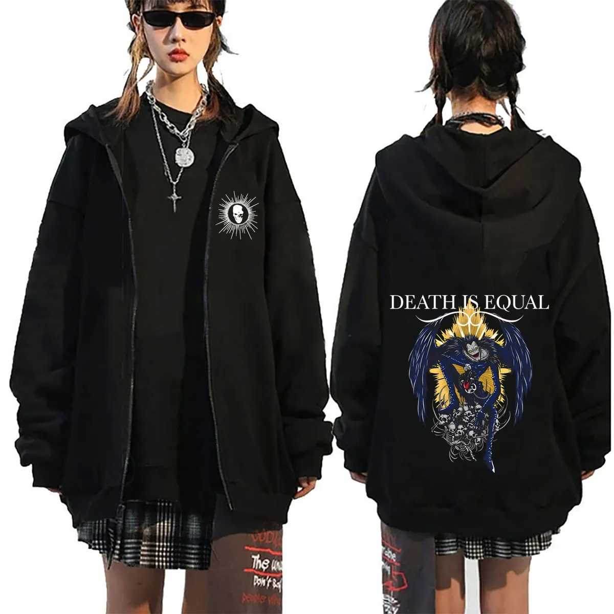 Anime Death Note Ryuk Skeleton Zipper Hoodie Male 90s Manga Retro Zip Up Jacket Men Women Cartoon Oversized Zip Up Sweatshirt