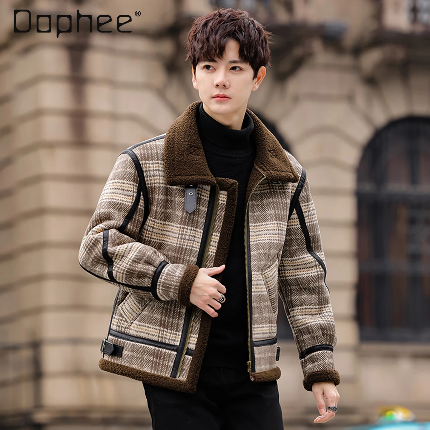 

Winter Men's Retro Turn-Down Collar Coffee Gray Plaid Fleece-Lined Jacket Motorcycle Short Black Brown PU Leather Jacket