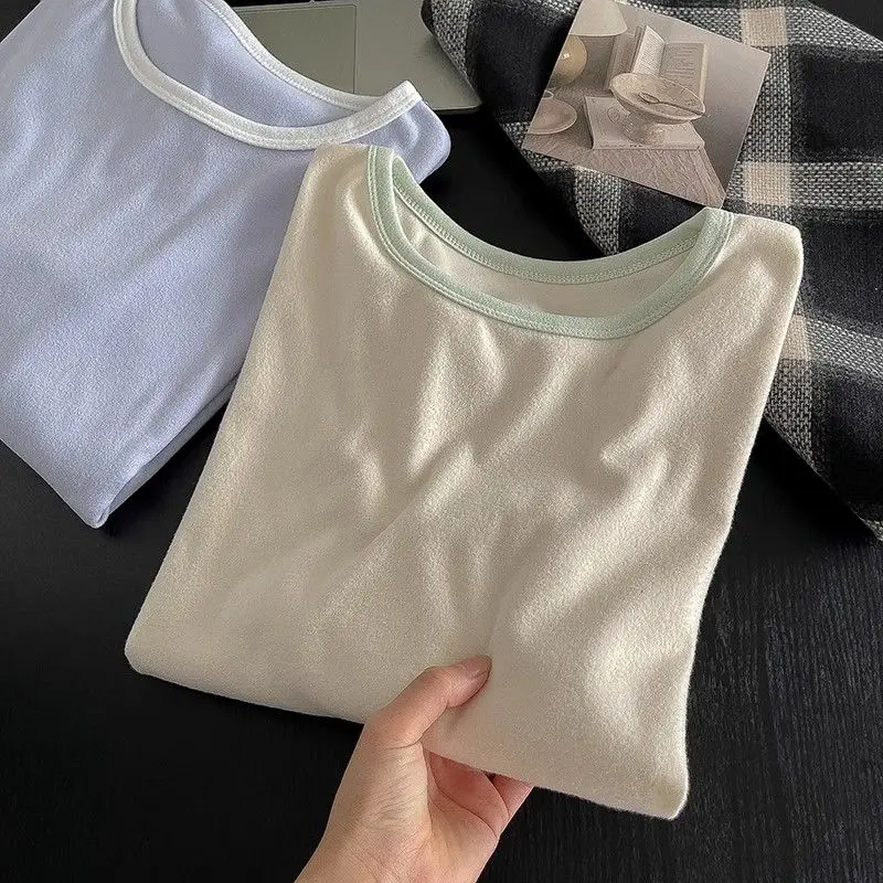 Self-Heating Fleece-Lined Long Sleeve T-Shirt Women's Autumn Winter Thickened Slim Fit round Neck Versatile Base Layer Shirt