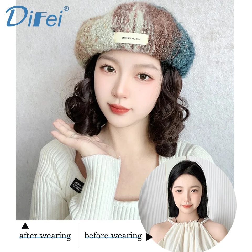 DIFEI Synthetic Wig Short Curly Hair Beret Covers White Hair And Increases Hair Oil Painting Style Beret Short Curly Hair Wig