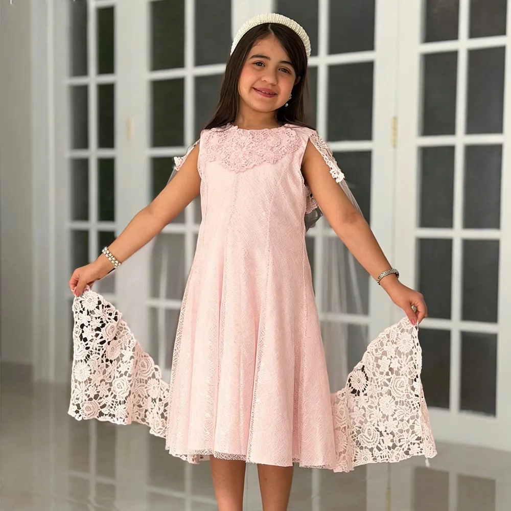 

Pink Princess Dress Lace Flower Girl Dresses With Cloak Cute Dress For Girls O-Neck Birthday Dress Short Kids' Dresses