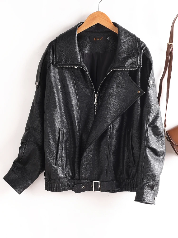 

Ning Genuine Leather Jaet Women's ort Loose Outerwear Spring Autumn New Korean Version Cool Motorcycle Casual Slimm...