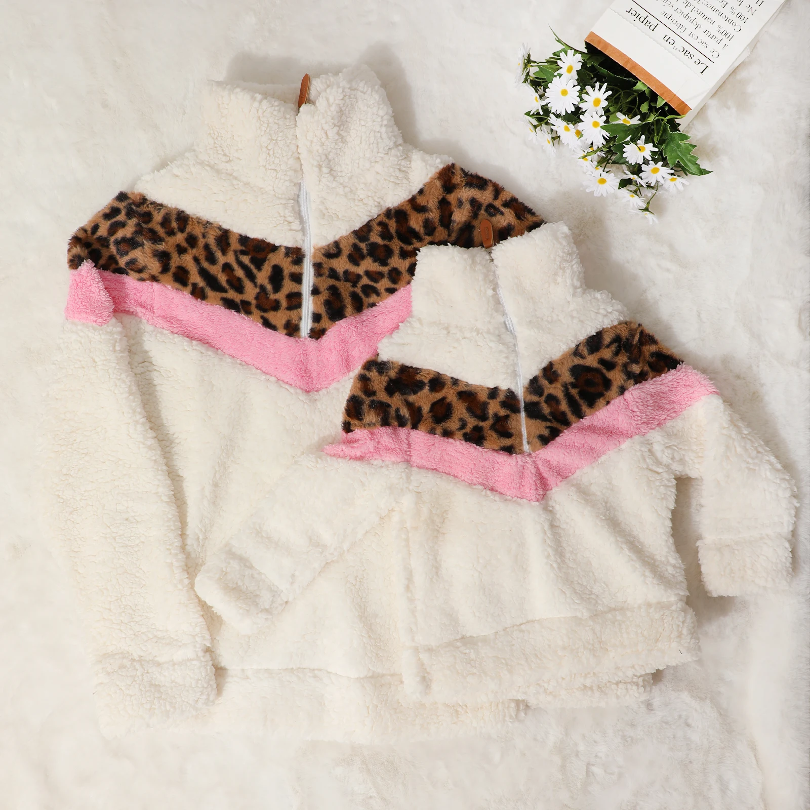 

Sherpa Pullover Fluffy Fleece Sweatshirt Outwear Leopard Patch Women Kid Fuzzy Hoodie Cozy Oversize Velvet Jackets Coats