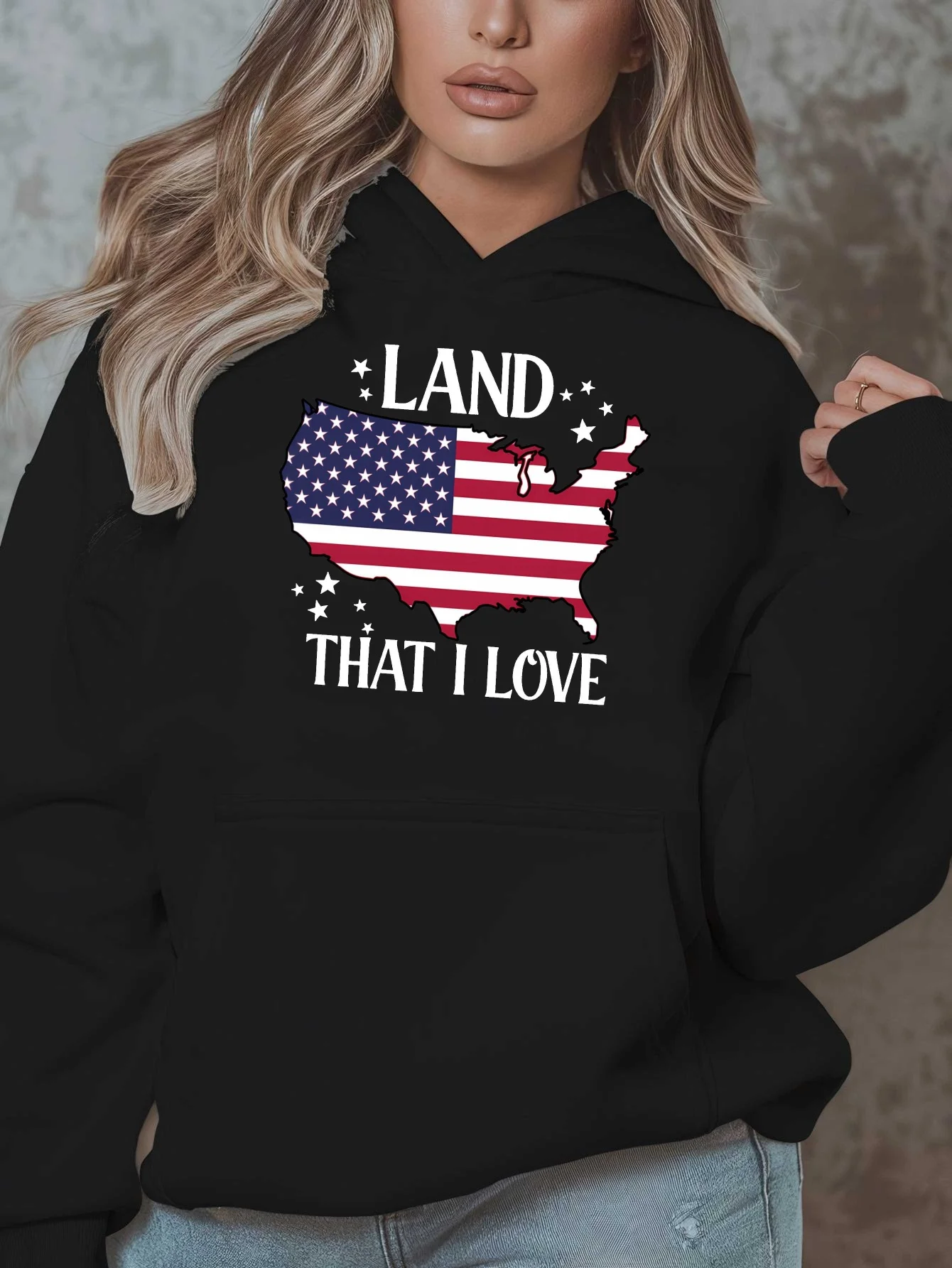 

Hooded sweatshirt - My beloved land - USA map print, featuring the Stars and Stripes pattern, pullover hooded shirt