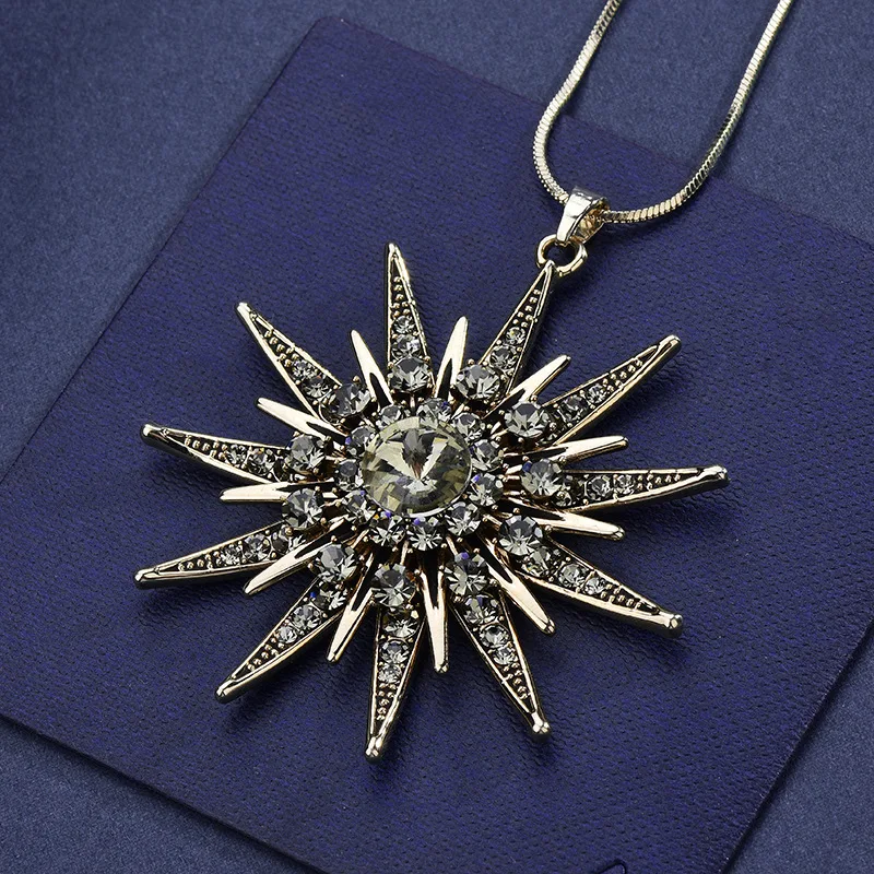 ひまわりセーターチェーン、フェミニンな魅力、ロングネックレス、クリスタルペンダントネックレス