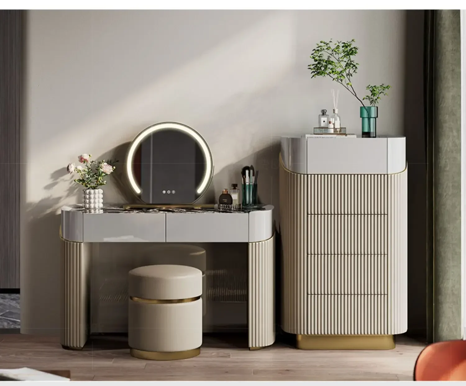 Light Luxury Dresser Bedroom Modern Premium Natural Marble Luxury Stone Paint Leather Storage Makeup Table
