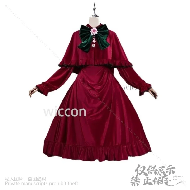 تأثيري شين كو أنيمي روزن تأثيري البكر زي الأحمر المخملية فستان لوليتا قبعة أغطية الرأس الباروكات للفتيات امرأة هالوين حفلة Cust